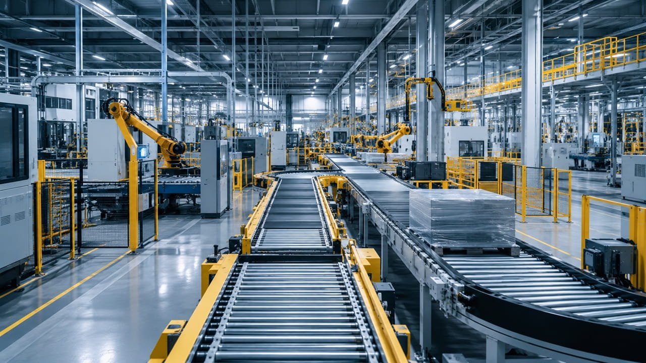 Premium industrial manufacturing facility featuring automated conveyor systems, material handling equipment, robotic automation, and large-scale production operations representing successful industrial lead generation strategies.