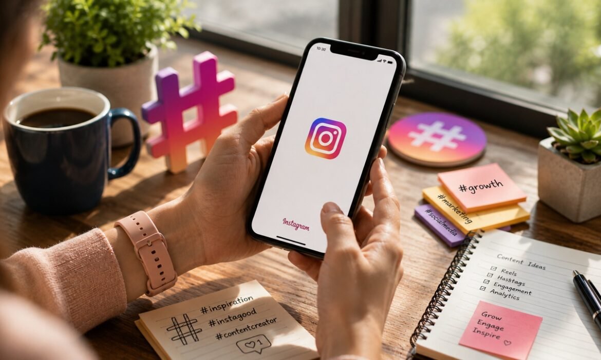 Premium professional blog feature image illustrating Instagram hashtag strategy with realistic social media elements, hashtag icons, and audience engagement concepts for improving Instagram hashtag visibility and discoverability.