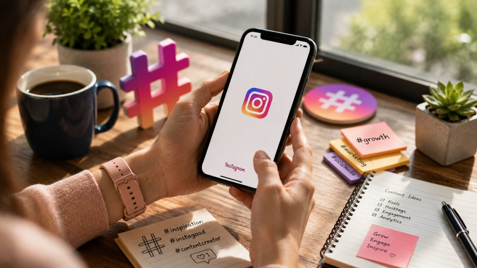 Premium professional blog feature image illustrating Instagram hashtag strategy with realistic social media elements, hashtag icons, and audience engagement concepts for improving Instagram hashtag visibility and discoverability.