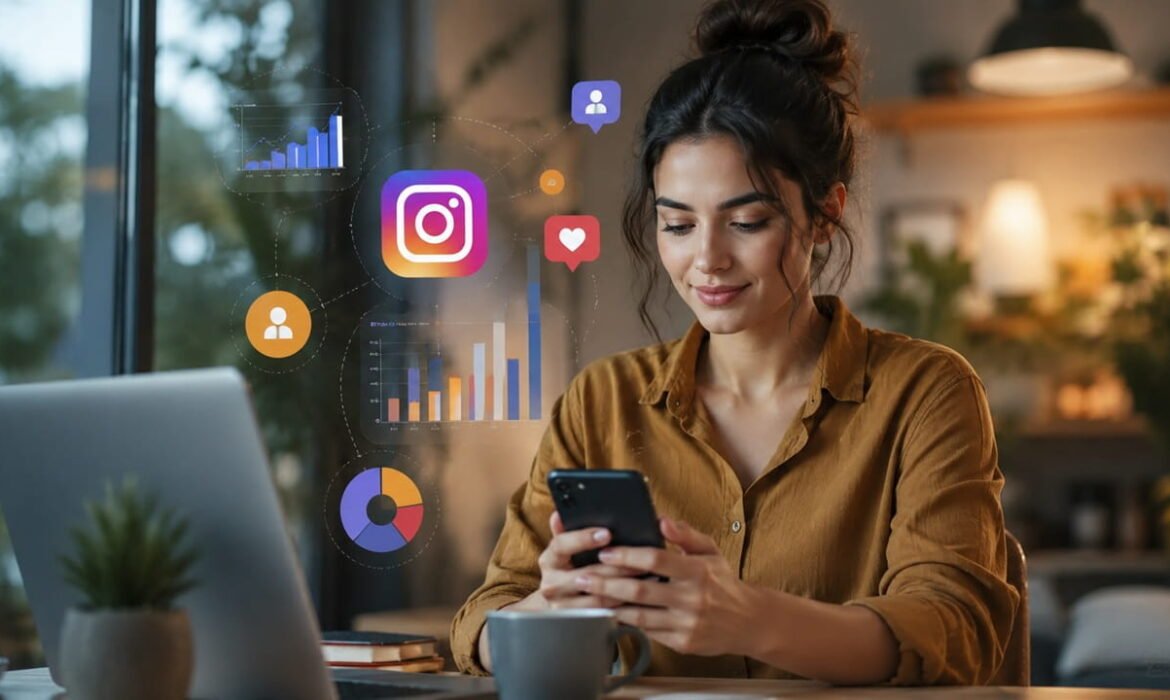 Indian digital marketer using a smartphone and laptop to analyze Instagram marketing strategy, audience growth, engagement metrics, and content performance in a modern workspace.