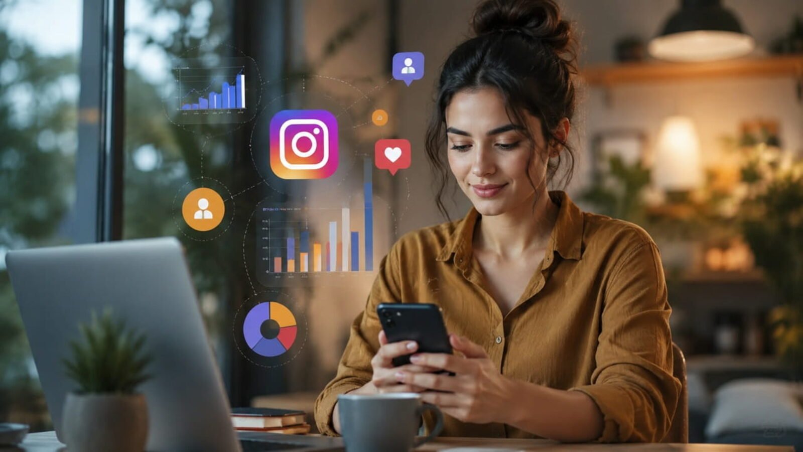 Indian digital marketer using a smartphone and laptop to analyze Instagram marketing strategy, audience growth, engagement metrics, and content performance in a modern workspace.
