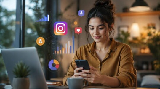 Indian digital marketer using a smartphone and laptop to analyze Instagram marketing strategy, audience growth, engagement metrics, and content performance in a modern workspace.