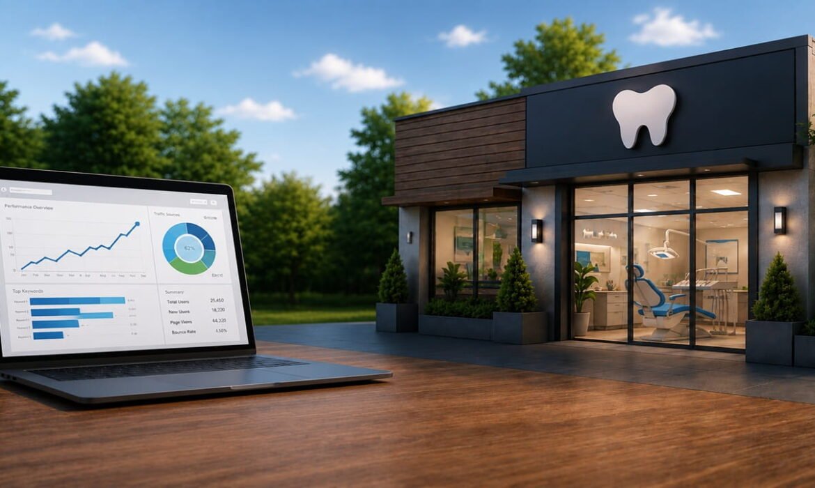 Local SEO services helping a dental clinic improve Google Maps rankings with website analytics dashboard and modern dental practice.