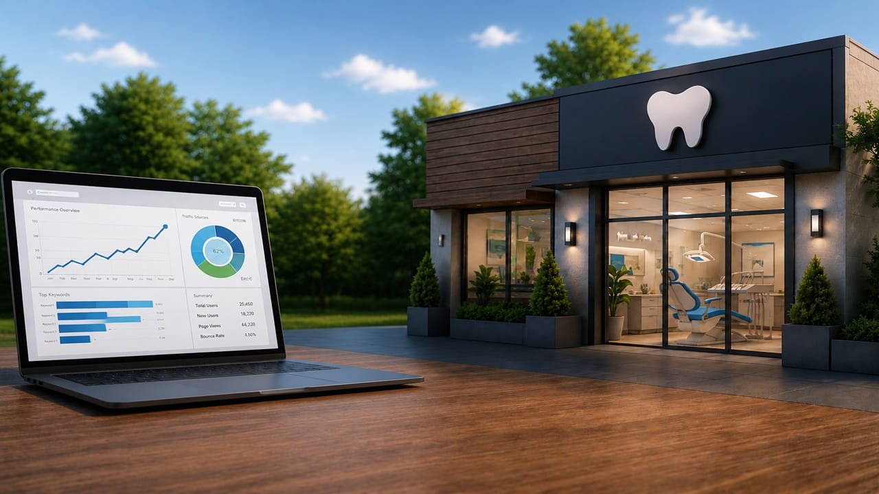 Local SEO services helping a dental clinic improve Google Maps rankings with website analytics dashboard and modern dental practice.