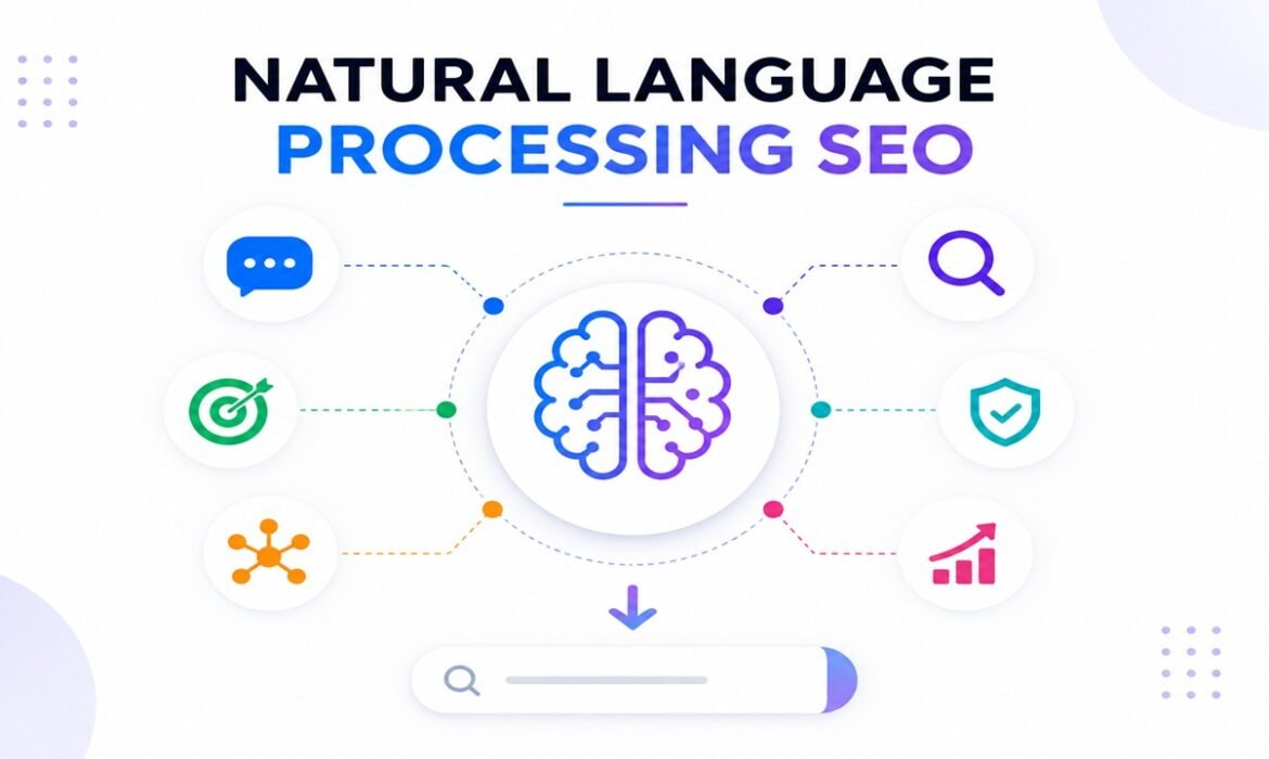 Natural Language Processing SEO (NLP SEO) infographic showing semantic search, AI search optimization, entity SEO, and Google search ranking concepts.
