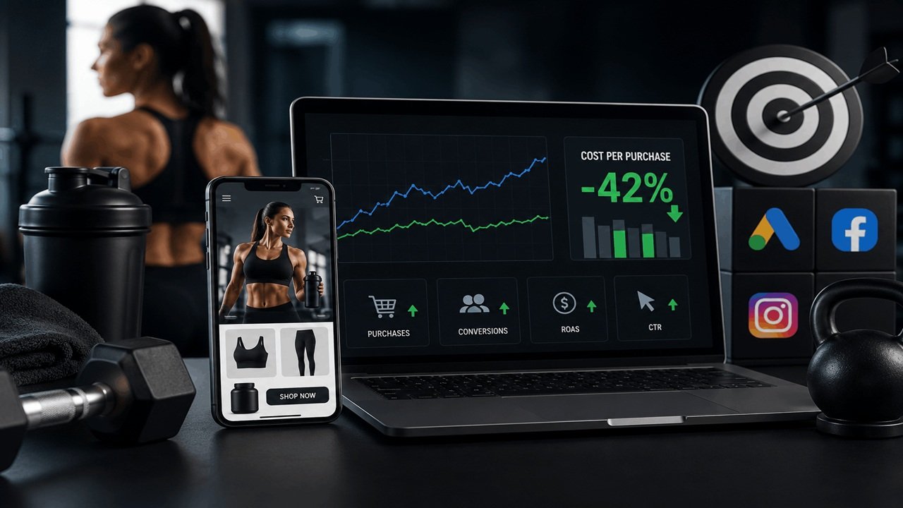 Performance marketing sERVICES dashboard showing reduced cost per purchase for a fitness brand through data-driven digital marketing campaigns by Arihant Global.