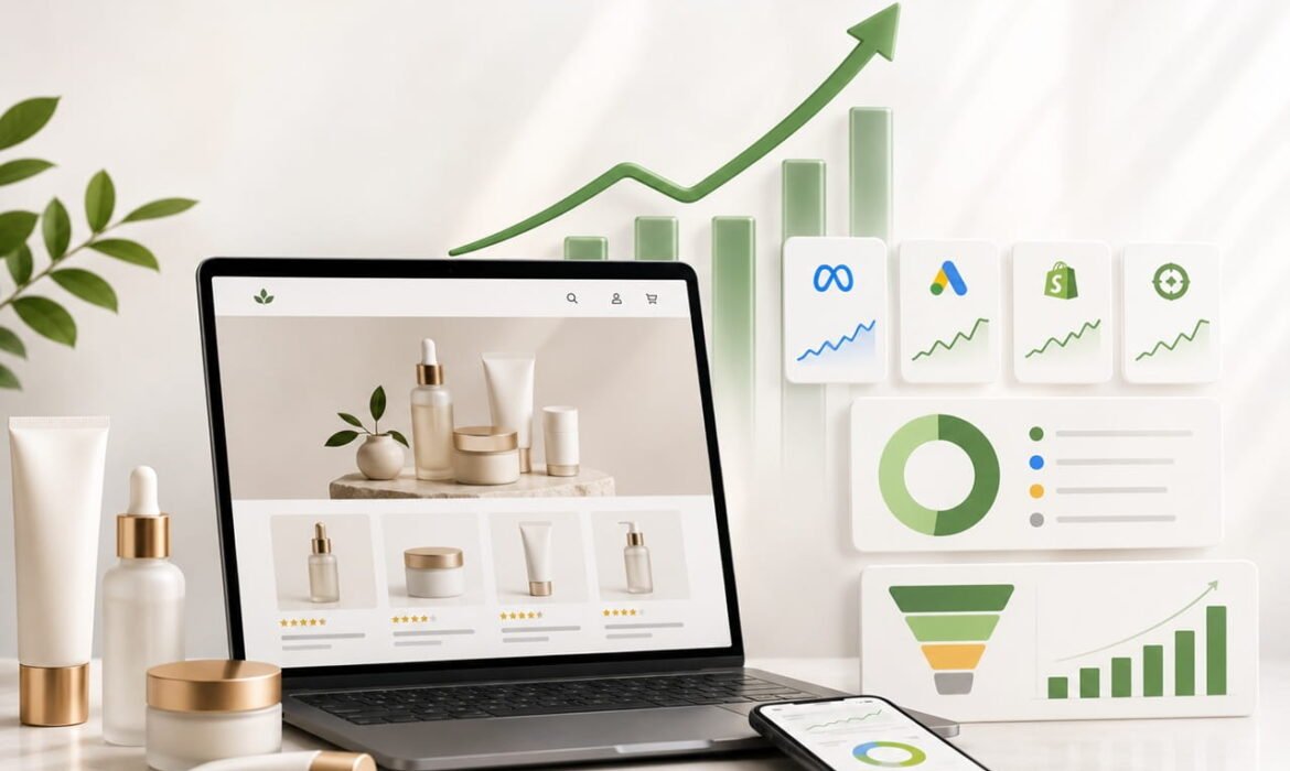 Premium performance marketing dashboard showing a D2C skincare ecommerce website with Meta Ads, Google Ads, Shopify analytics, revenue growth, ROAS optimization, and digital marketing performance.