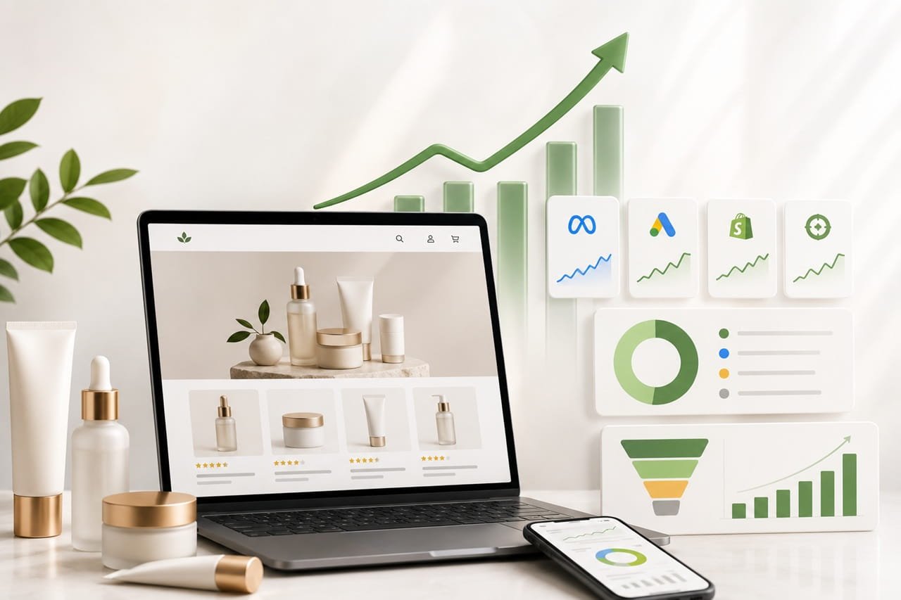 Premium performance marketing dashboard showing a D2C skincare ecommerce website with Meta Ads, Google Ads, Shopify analytics, revenue growth, ROAS optimization, and digital marketing performance.