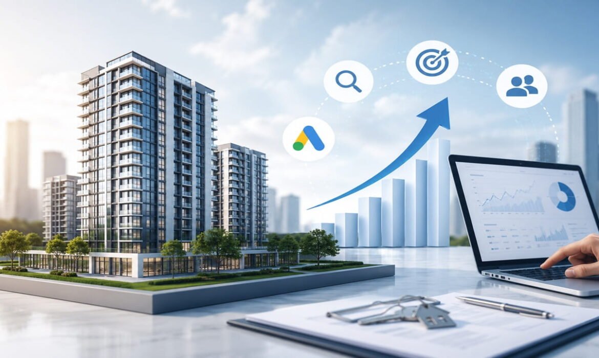 Professional cover image showing modern residential buildings with PPC services analytics dashboard, Google Ads elements, and lead generation growth for a real estate developer.