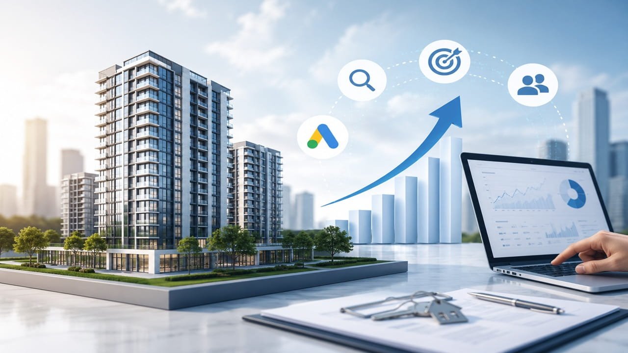 Professional cover image showing modern residential buildings with PPC services analytics dashboard, Google Ads elements, and lead generation growth for a real estate developer.