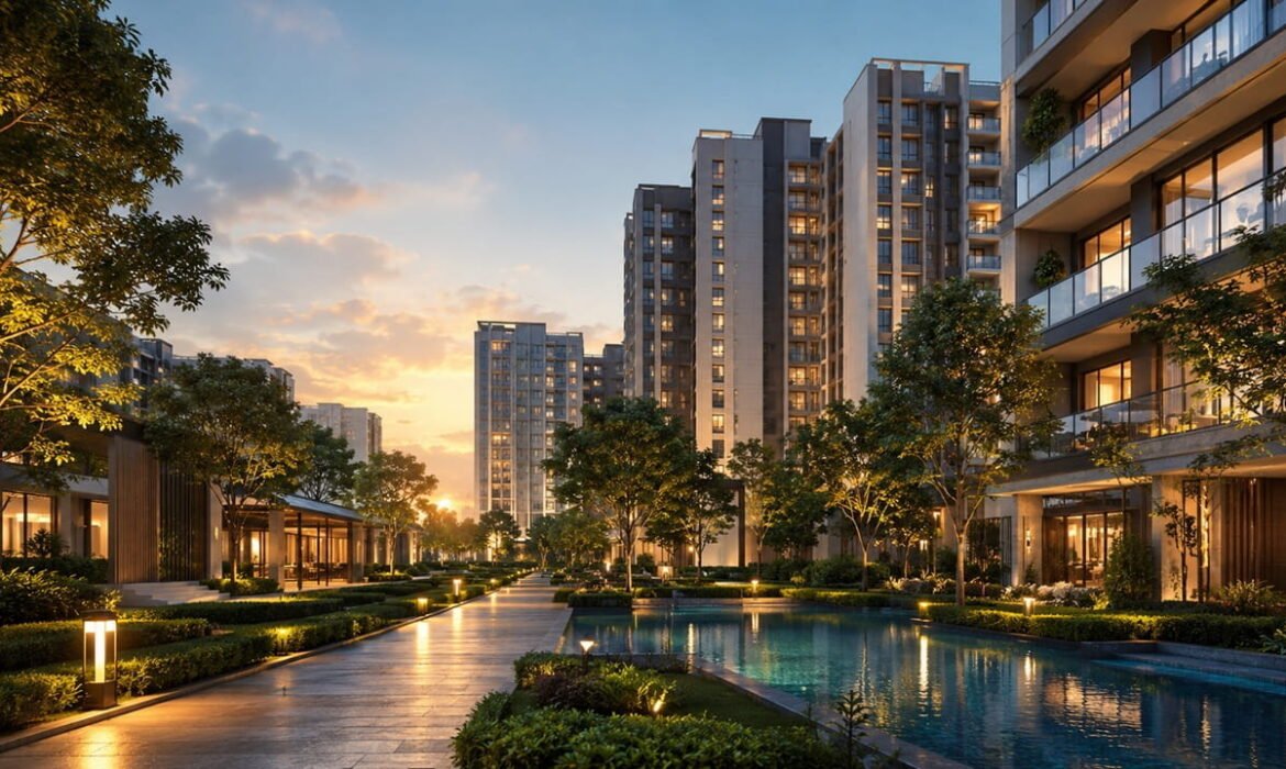 Premium residential real estate development showcasing luxury apartments, landscaped amenities, and modern architecture representing successful Facebook and Instagram real estate lead generation campaigns for property buyers.