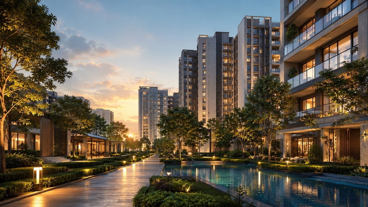 Premium residential real estate development showcasing luxury apartments, landscaped amenities, and modern architecture representing successful Facebook and Instagram real estate lead generation campaigns for property buyers.