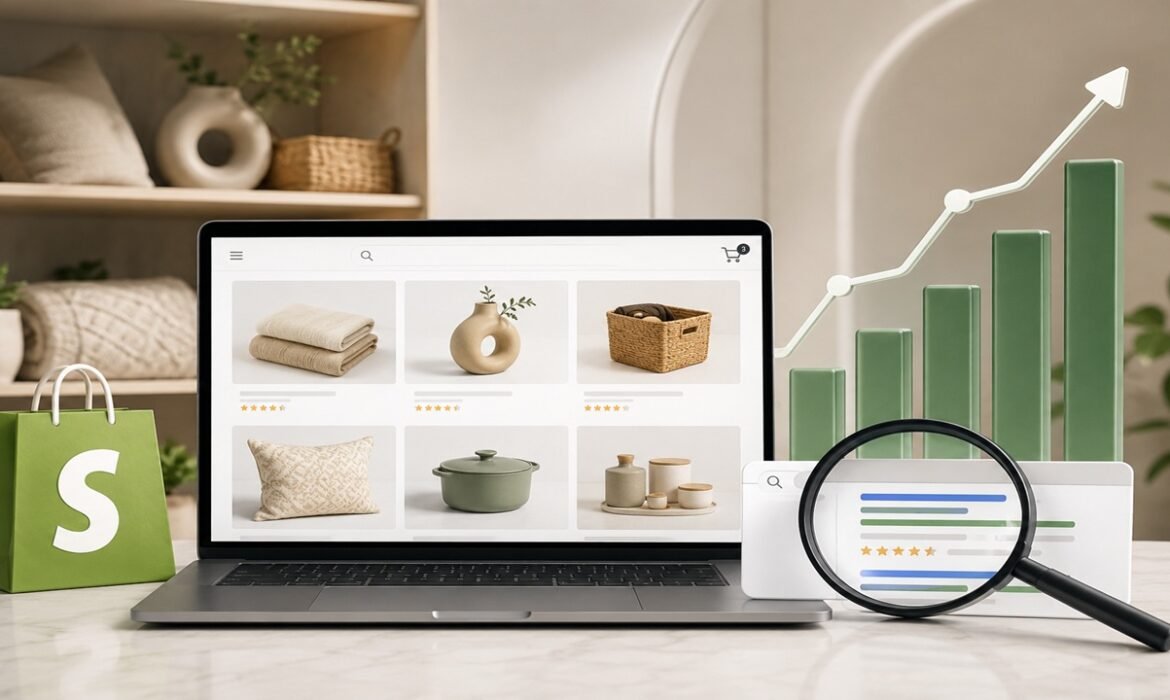Premium Shopify SEO Services case study illustration showing a D2C home goods ecommerce website with SEO analytics, keyword ranking growth, product optimization, organic traffic, and ecommerce performance.
