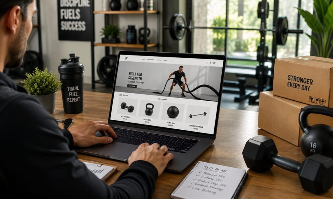 Professional Shopify fitness equipment ecommerce store showcasing SEO-driven growth, product page optimization, collection page SEO, and organic traffic increase through Shopify SEO services.
