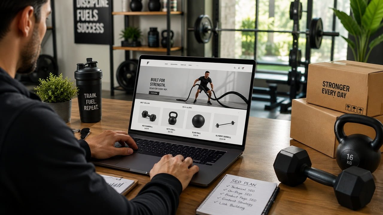 Professional Shopify fitness equipment ecommerce store showcasing SEO-driven growth, product page optimization, collection page SEO, and organic traffic increase through Shopify SEO services.