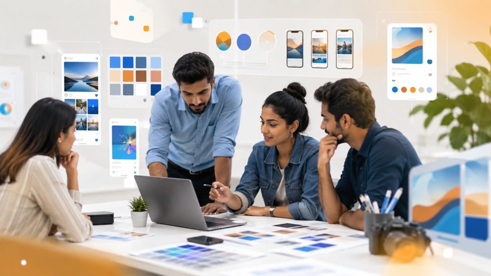 Marketing team collaborating on social media branding strategy with consistent visual identity, digital assets, and multi-platform brand design.