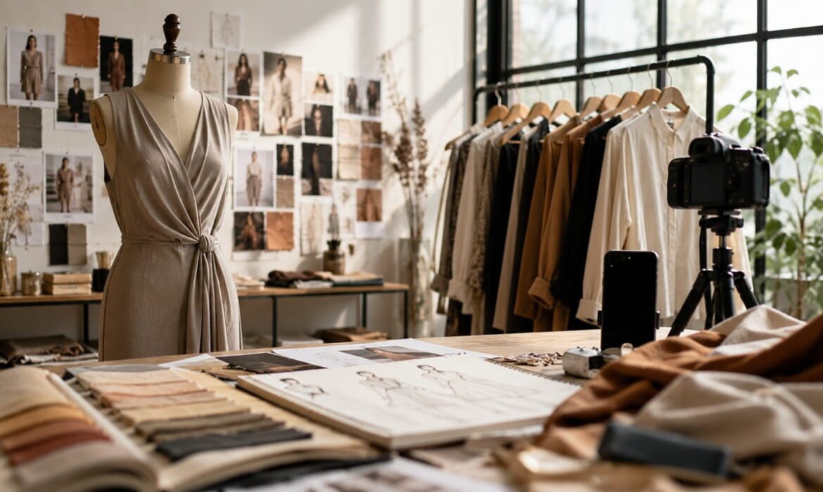 Premium Social Media Marketing case study image featuring a realistic fashion studio with clothing designs, fabric swatches, content creation tools, and lifestyle branding elements showcasing fashion marketing success.