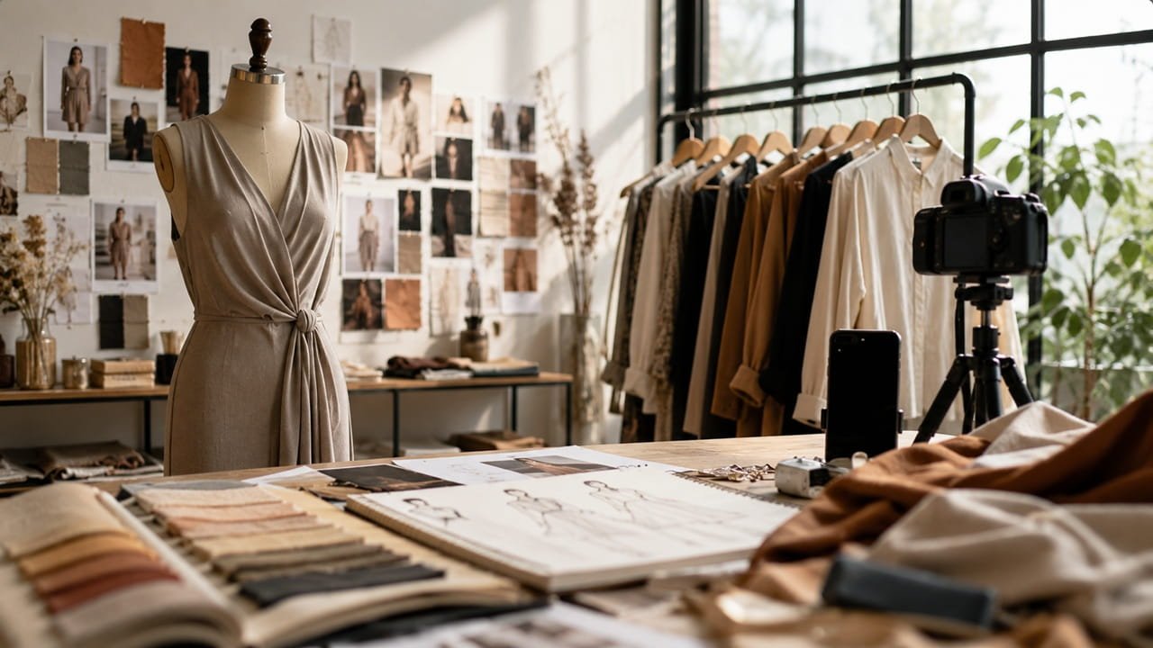 Premium Social Media Marketing case study image featuring a realistic fashion studio with clothing designs, fabric swatches, content creation tools, and lifestyle branding elements showcasing fashion marketing success.