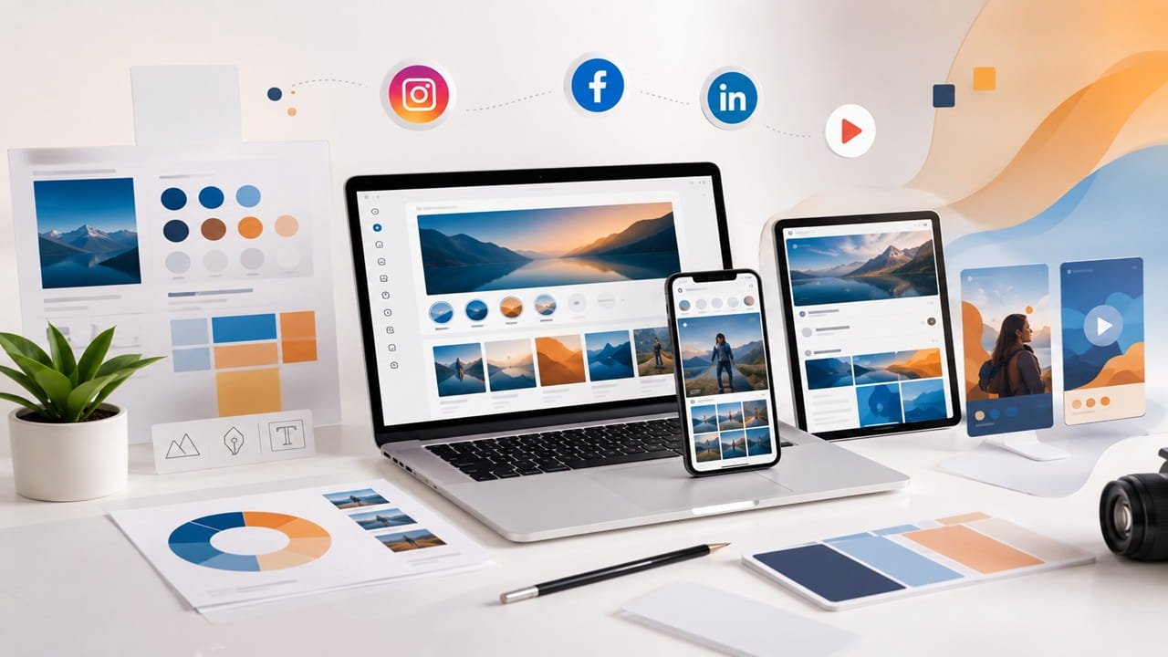 Professional social media visual branding displayed consistently across desktop, tablet, and mobile devices with unified design elements and brand identity.