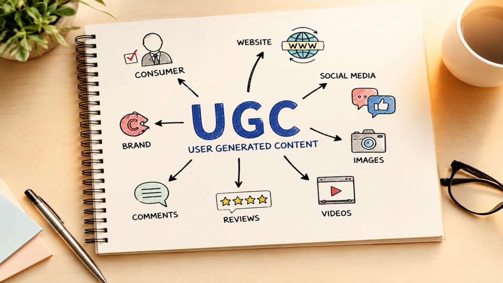 Realistic workspace featuring a notebook with a user generated content marketing strategy diagram, warm orange lighting, and creative marketing elements representing UGC campaigns.