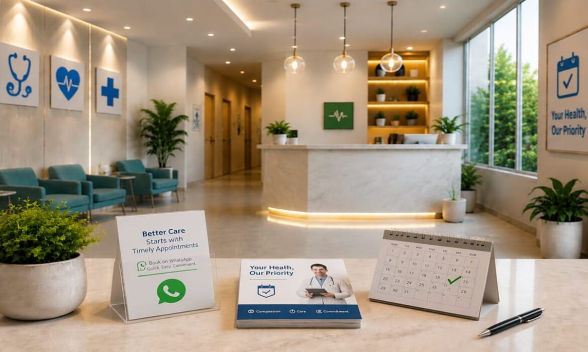 Modern healthcare clinic reception featuring WhatsApp marketing appointment reminders, patient communication automation, digital appointment scheduling, and healthcare engagement strategies to reduce missed appointments.