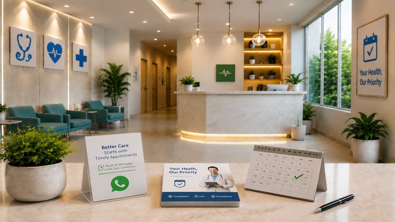 Modern healthcare clinic reception featuring WhatsApp marketing appointment reminders, patient communication automation, digital appointment scheduling, and healthcare engagement strategies to reduce missed appointments.