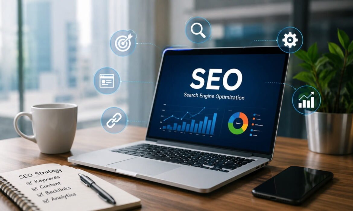 SEO services showing search engine optimization strategies, keyword research, analytics, content optimization and business growth