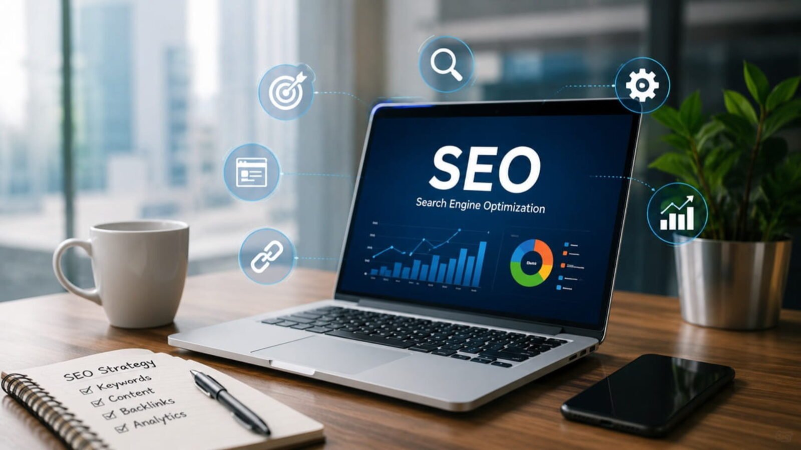 SEO services showing search engine optimization strategies, keyword research, analytics, content optimization and business growth