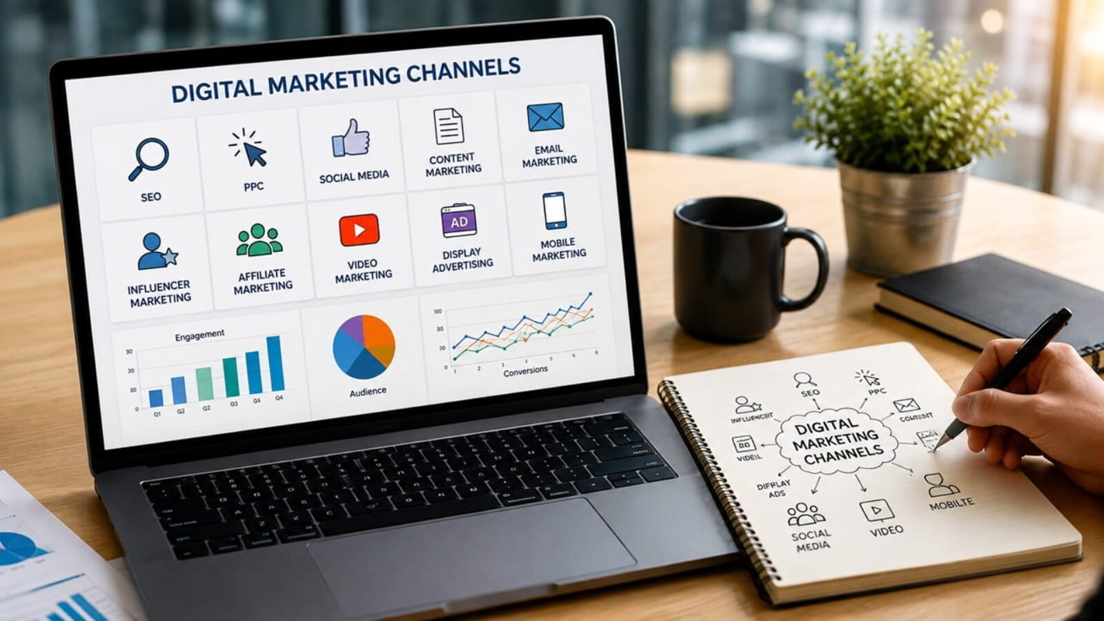 Digital marketing channels including SEO, social media, email, paid ads and website