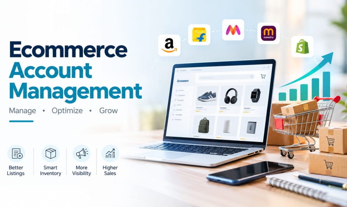 Ecommerce account management for optimizing online store listings, inventory, visibility and sales