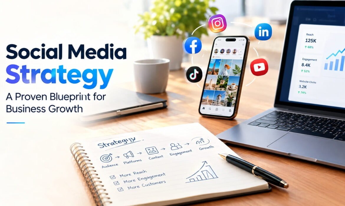 Social media strategy for business growth with content planning, audience engagement and social media analytics