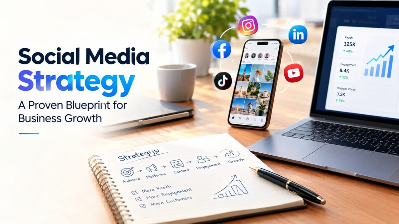 Social media strategy for business growth with content planning, audience engagement and social media analytics